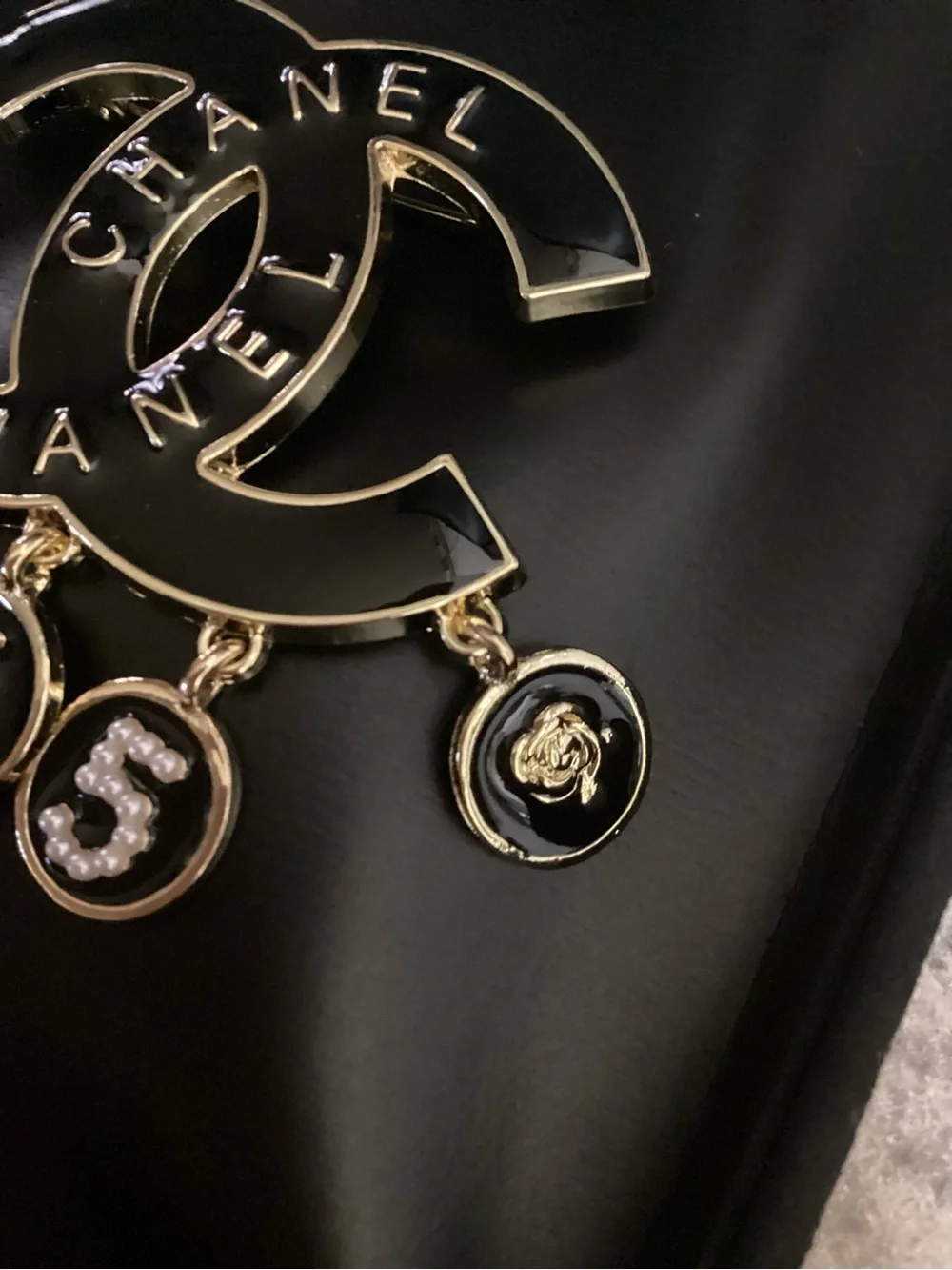 CHANEL Black and Gold CC Logo Charm Brooch